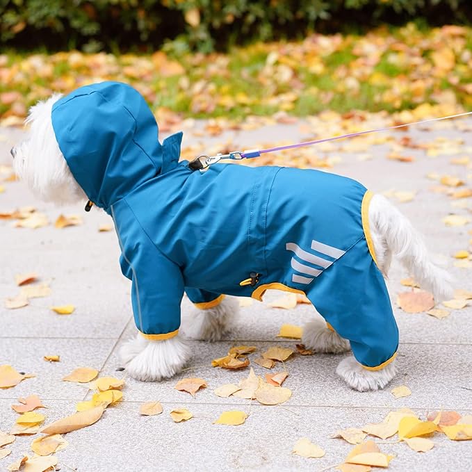 Dog Raincoat, Waterproof Dog Rain Jacket with Hood, Rain Coat with Leash Hole, Reflective Strap for Small Medium Dogs, Outdoor Adventures/Walking Lightweight Puppy (Blue,L)