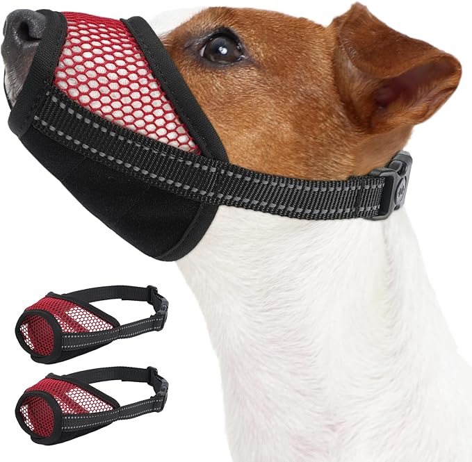 PAWsay 2 Pack Dog Muzzle, Soft Dog Muzzle for Medium Sized Dogs Anti Biting Barking Chewing Grooming, Air Mesh Breathable Dogs Mouth Guard Drinkable Adjustable Pet Muzzles, Red M