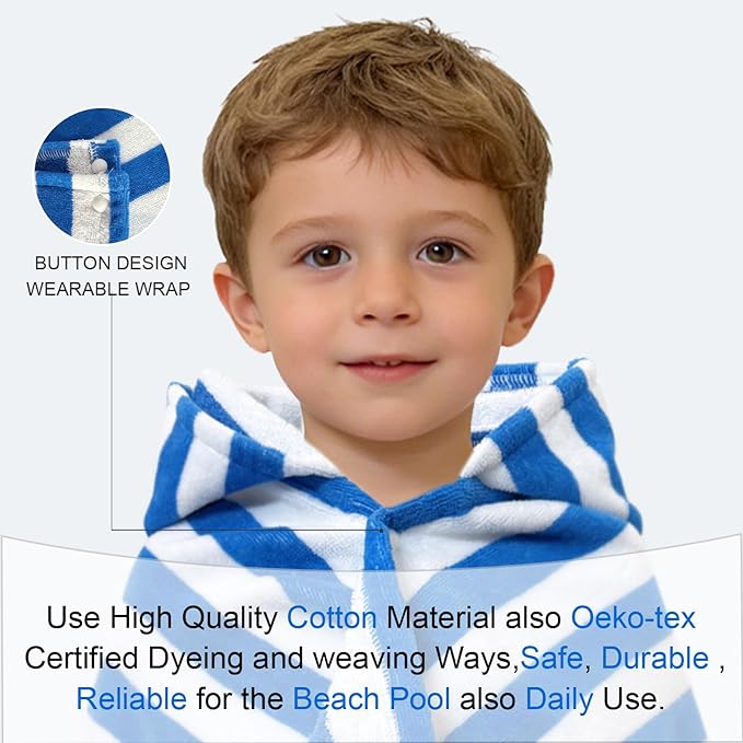 VOOVA & MOVAS Toddler Hooded Bath Towels 0-3T, 25''X40, Soft | Thick | 100% Cotton | Absorbent Towel Wrap for Baby, Perfect for Beach, Pool, Bath, Swimming,Blue Stripe