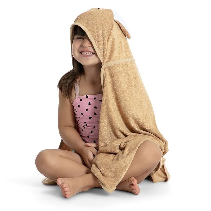 Delta Children Personalized Kids Hooded Bath Towel with Pockets - Super Soft and Absorbent- Great Gift for Boys and Girls, Tan Dog