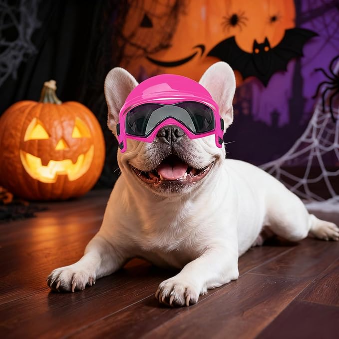 Lesypet Dog Goggles with Helmet for Small Dogs, Anti-UV Wind Protection Pet Sunglasses and Helmet Set Ear Hole Adjustable Strap Outdoor Walking Motorcycling Driving, Pink