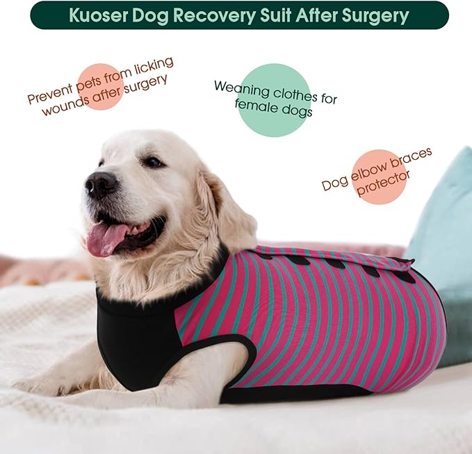 Kuoser Dog Recovery Suit, Anti Licking Dogs Rear Leg Sleeve, Abdominal Dog Surgical Suit with Pants Cover Protect Wounds, Dogs Elbow Protector Soft Pet Surgery Onesie Cone Alternative, Rose 2XL