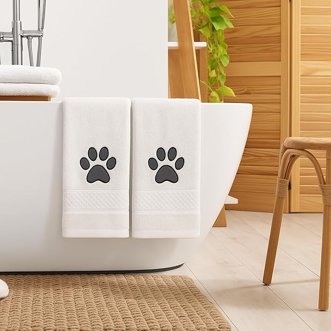 2 Pcs Dog Paw Hand Towels Beige Bathroom Decor 13 x 29 Inch 100% Cotton Embroidered Soft Hand Towels Absorbent Farmhouse for Kitchen Restroom