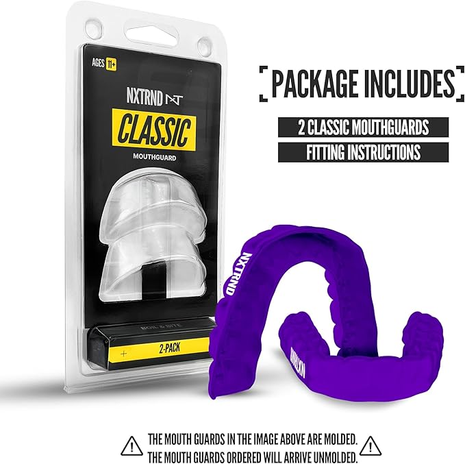 2 Pack Nxtrnd Classic Mouthguard, Custom Fit Sports Mouthpiece for Football, Boxing, MMA, Basketball, Hockey, Lacrosse, Youth & Adult (Purple)