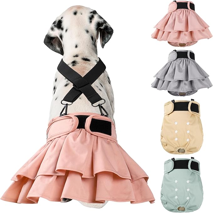 Washable Female Dog Diapers (4 Pack+1 Suspenders), Reusable Female Girl Doggy Doggie Puppy Wraps Panties Belly Band for Pet Heat Period Pooping Peeing Potty Training Incontinence Marking Large