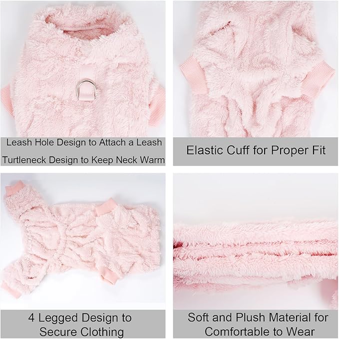 Plush Dog Pajamas for for Small Dogs Cats, Dog Sweater with Leash Ring Ultra Soft Warm Pet Clothes Puppy Onesie Outfits Doggy Pjs Jumpsuit for Winter Christmas (Pink, X-Large)