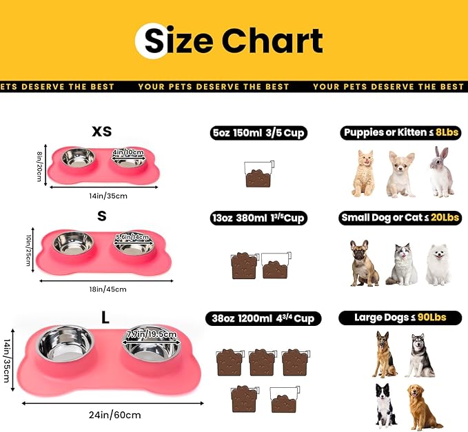 Dog Bowls with Non-Slip Silicone Mat, Spill Proof Large Food & Water Bowls Set, Easy Clean Dog Food Dish, Dishwasher Safe, Suitable for Dogs Cats Pet Under 90lbs, Large, Pink