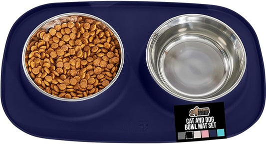 GORILLA GRIP Feeding Mat Bowl Set, 100% Waterproof BPA Free Silicone, 304 Stainless Steel Cat and Dog Bowls for Food and Water, Slip Resistant, High Edge, US Designed, Patent Pending, 2 Cup Navy Blue