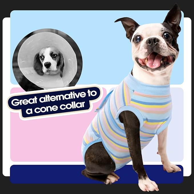 FUAMEY Recovery Suit for Dogs After Surgery,Soft Breathable Dog Bodysuit E-Collar & Cone Alternative Surgical Suit,Male Female Dog Neuter Spay Suits Anti Licking Wounds Onesie Blue Yellow Stripes M