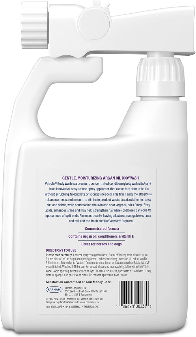 Farnam Vetrolin Body Wash, Time-Saving with No Scrubbing, Gentle and Moisturizing with Argan Oil, Soothes Dry Skin, for Horses and Dogs, 32 fl oz.