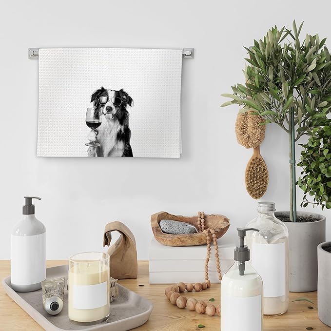 Border Collie Gifts Wine Kitchen Towels, Gifts for Border Collie Dog Wine Lovers Decorative Hand Dish Tea Towel for Kitchen Home Bar, Funny BordeCollie Dog Owners Home Bar Decor(16x24In)