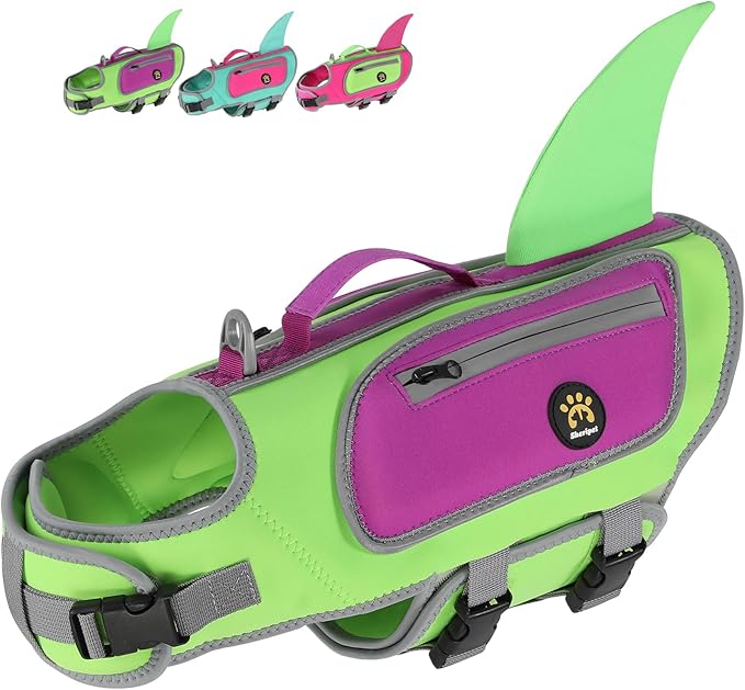 Dog Life Vests for Boating and Swimming, Dog Life Jacket with Shark Fin, Rescue Handle Pet Preserver for Medium Dogs, Neoprene Good Buoyancy Dogs Floating Safety Vest (Green, Medium)