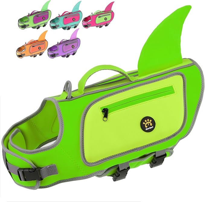 Dog Life Jacket, Shark Dog Life Vest Adjustable Pet Swimming Safety Vest with Superior Buoyancy & Rescue Handle for Small Medium Large Dogs, Swim, Pool, Beach, Boating (LightGreen, X-Small)