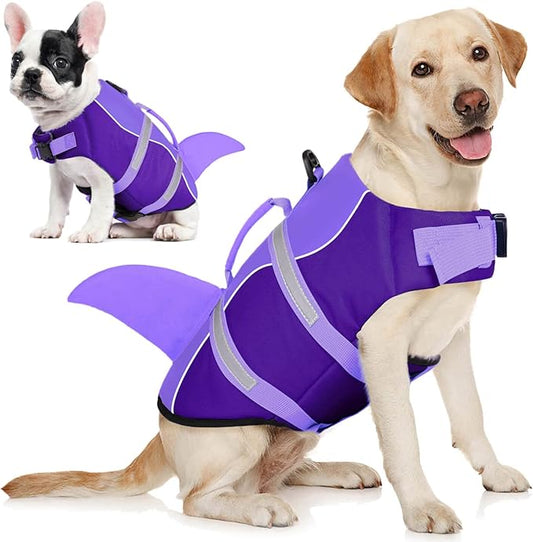 AOFITEE Dog Life Jacket Large, Shark Dog Life Vest for Swimming Boating, High Flotation Reflective Dogs Swimming Vest Lifesaver with Rescue Handle, Pet Swimsuit for Small Medium Large Dogs, L