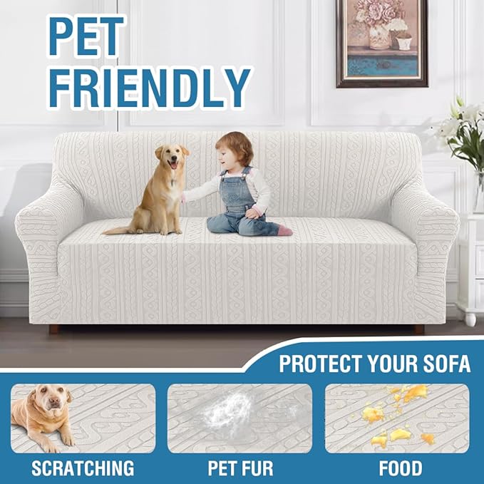 H.VERSAILTEX Jacquard Couch Covers for 3 Cushion Couch 1 Piece Stretch Sofa Cover Slipcover Furniture Protector Anti-Slip Soft Thickened Dogs Slipcovers Washable Spiral Pattern(Sofa, Pale Oak)