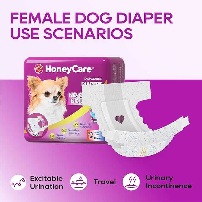 HONEY CARE All-Absorb Disposable Female Dog Diapers Extra Small Size, Improved, 50 Count, Super Absorbent, Breathable, Wetness Indicator (Pack of 1, 50 Count Total)