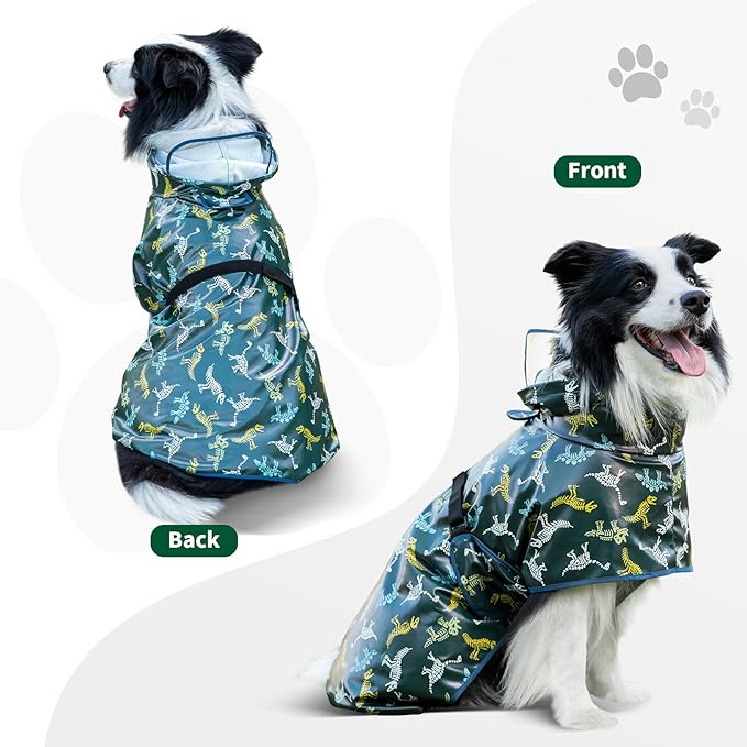 Dog Raincoat, Waterproof Windproof Dog Rain Jacket with Hood, Rain Coat with Leash Hole, Adjustable Raincoat Poncho for Small Medium Large Dogs Outdoor (Green, L+)
