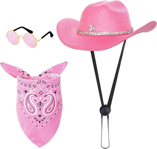 3 Pcs Pet Cowboy Costume Cowboy Hat Bandanas with Sunglasses for Cats and Dogs for Halloween Christmas Holiday Party Cosplay (Pink)