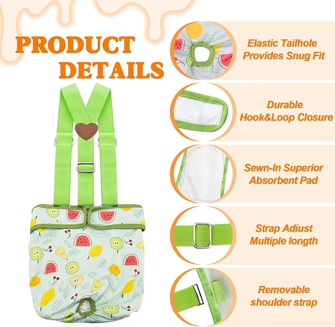 3 Pack Washable Female Dog Diaper with Suspender,Reusable Fixed Doggie Diapers Super Absorbent Leakproof for Small Medium Large Dog in Heat Cycle-L