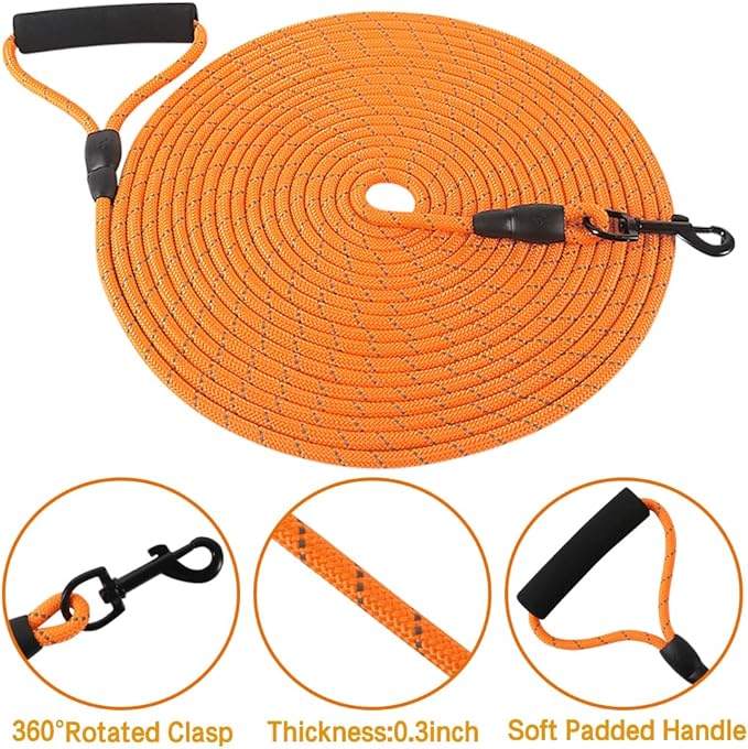 Vivifying Long Dog Leash, 32ft Reflective Dog Training Leash for Outside and Yard, Floating Long Line Lead with Soft Handle for Camping, Hiking, Swimming, Beach and Lake (Orange)