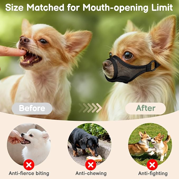 Mayerzon Mesh Dog Muzzle for Short Snout Small Dogs, Adjustable Muzzle for Chihuahua Yorkshire Shih Tzu, Prevent Fierce Barking Biting Eating, for Grooming Vet Visits, Allow to Pant Drink (Black, XXS)