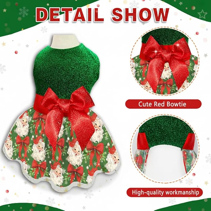 Christmas Dog Dress, Festive Holiday Pet Outfit, Shiny Green Top with Glittery Red Bow and Santa Claus Print Skirt
