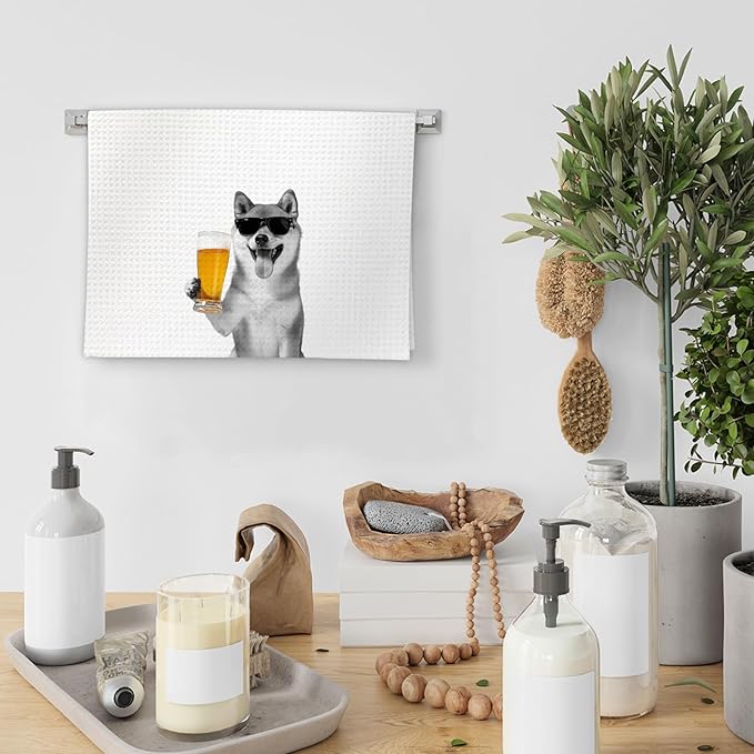 Shiba Inu Gifts Dog Wine Kitchen Towels Set of 2, Funny Dogs Beer Lover Decorative Hand Dish Towel for Kitchen Home Bar, Gift for Shiba Inu Dog Beer Wine Lovers Home Bar Decor(16x24Inch)