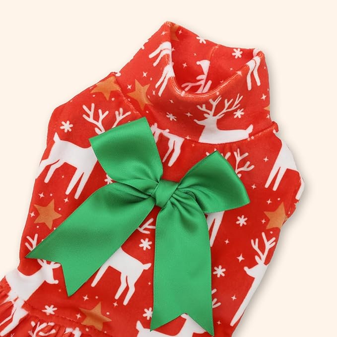 CuteBone Turtleneck Dog Velvet Dress Christmas Puppy Skirt Costume Pet Clothes Cat Apparel with Bow Hair Rope for Small Dogs CVD24XS