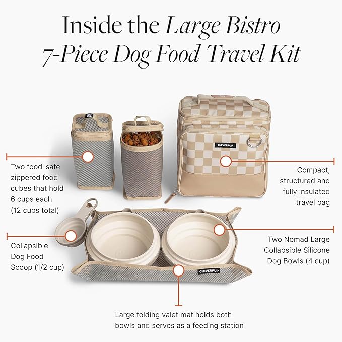 Cleverpup, Large 7-Piece Bistro Box Dog Food Travel Kit, 12-Cup Kibble Storage, 2 Silicone Bowls, Mat & Scoop - Premium Portable Pet Food Kit for Weekends, Overnights, Daycare & Camping, Checkerboard