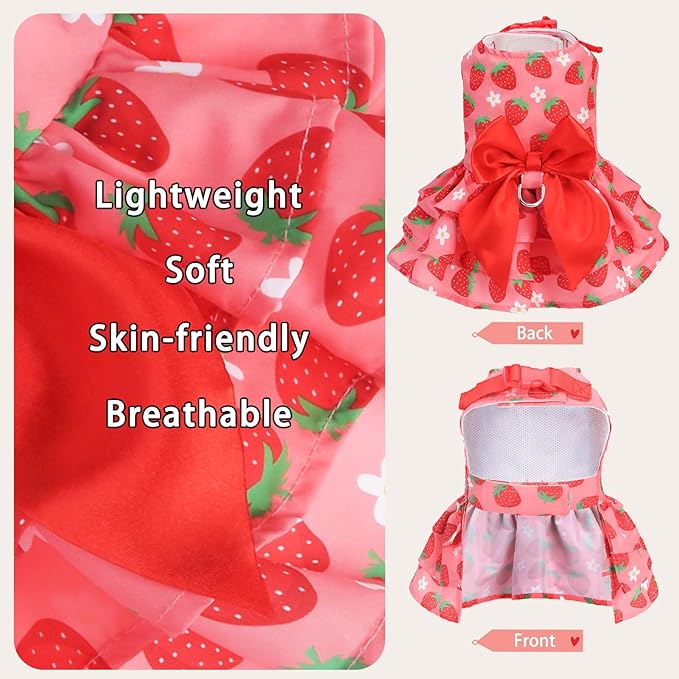 PUPTECK Cute Dog Dress with Bowknot and Leash Ring, Soft Breathable Dog Clothes Puppy Princess Girl Outfit, Pet Apparel Costume for Small Medium Sized Dogs, Pink Strawberry S