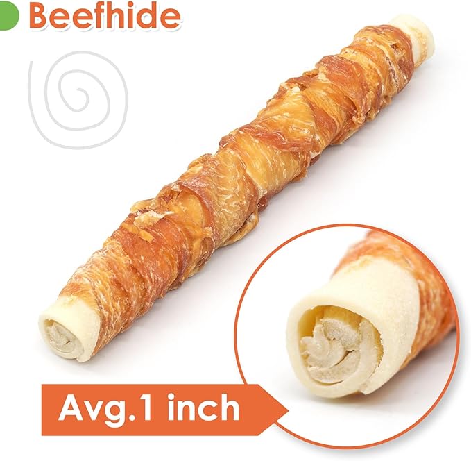 MON2SUN Dog Treats, 9 Inch Chicken Wrapped Rawhide Rolls Snacks, Teeth Cleaning and Long Lasting Chews for Medium and Large Dogs, 23.28oz (6 Count-Pack of 2)