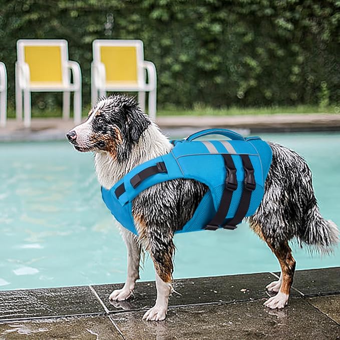 Kuoser XXL Dog Life Jacket, High Flotation Large Dogs Water Vest for Swimming Boating, Reflective Doggie Swim Vest Pet Life Preserver with Rescue Handle, Blue XXL