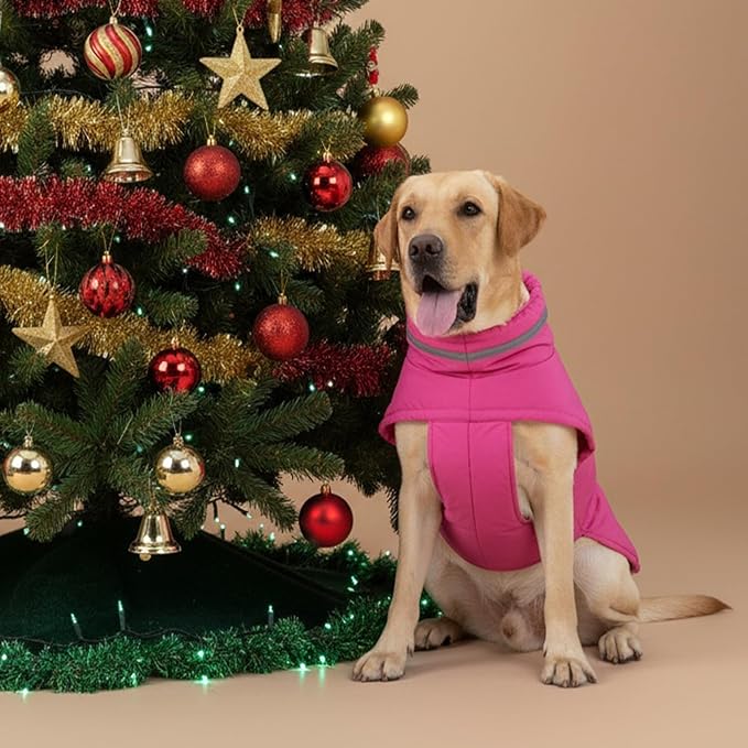 Mklhgty Waterproof Dog Coat for Large Dogs, Warm Dog Winter Jacket, Reflective Windproof Turtleneck Coats with Adjustable Hook & Loop - Pink - XL