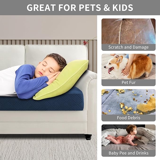 Easy-Going Waterproof Couch Cushion Covers for Couches and Sofas, Stretch Jacquard Sofa Seat Cover Replacement for Dogs, Pets & Kids, Durable Furniture Protector for Loveseat Cushions, Navy Blue