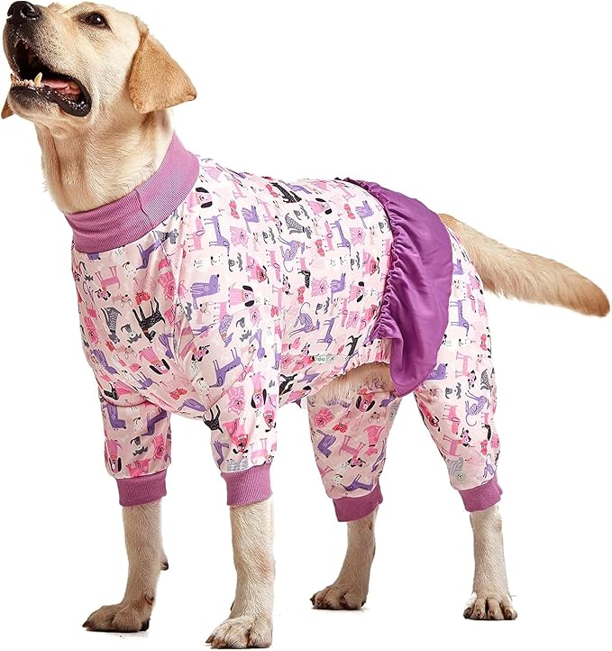 LovinPet Long Sleeve Onesie for Large Dogs, High Collar Cotton Dog Shirt, Anti-Shedding, Lightweight Stretchy Knit, Stop Shedding for Dogs, Pink Puppy Print, Shirt for Under Dog Dresses, Pet PJ's, XL