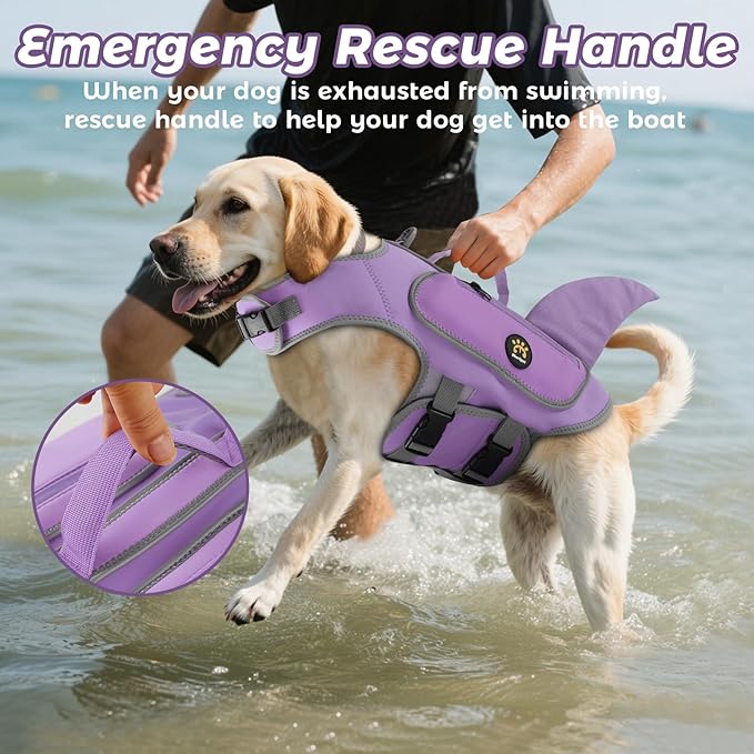 Dog Life Jacket, Cute Shark Dog Life Vest for Swimming Boating with Superior Buoyancy and Rescue Handle, Adjustable Puppy Swim Floating Vest for Small Medium Large Dogs (Lilac, Large)