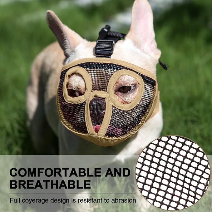 Short Snout Dog Muzzles- Adjustable Breathable Mesh Bulldog Muzzle for Biting Chewing Licking Training Grooming Dog Mask (Khaki, Small/9"-12")