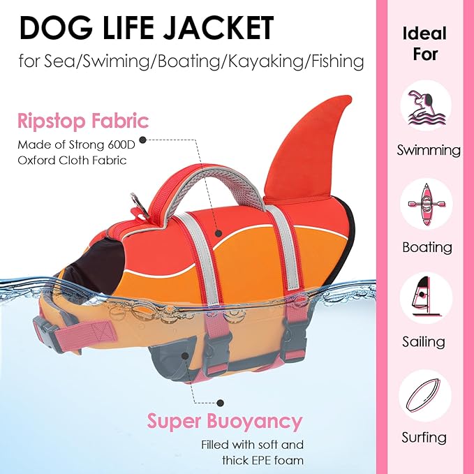 AOFITEE Dog Life Jacket, Dog Life Vest for Swimming, Shark Dogs Swimming Vest with Rescue Handle and Reflective Stripe, Ripstop Pet Float Coat Swimsuit Lifesaver Small Medium Large Dogs Orange XS