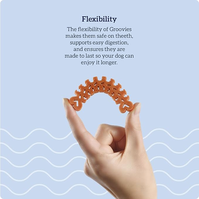Groovies Gentle & Flexible Senior Dog Dental Chews, Contact-Cleaning Design Supporting Tartar Control & Fresh Breath, Oral Care Treats, USA Manufactured, Patented DentalFit Tech, Medium Dogs, 20 Chews