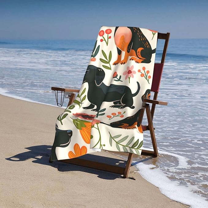 Dachshund Floral Beach Towel 31inx51in, Cute Dog Sand-Free Microfiber Bath Towel Ultra Soft Quick Dry Pool Towel Absorbent Towel Lightweight Towel for Swimming Bathroom Decor