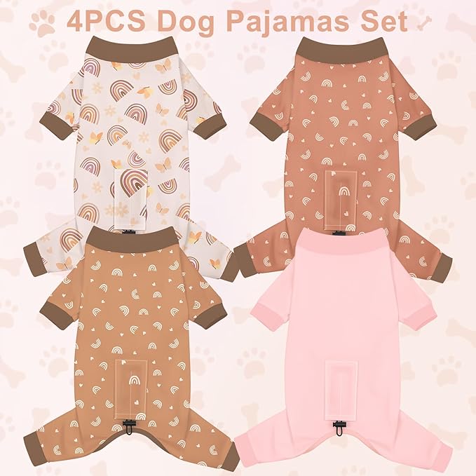 Bienbee Dog Pajamas, 4 Pack Dog Recovery Suit Shedding Suit Cute Soft Puppy Clothes Dogs Pjs Onesies Jammies Adjustable Breathable & Stretchy Clothes for Small Medium Large Dogs Girl Boy Puppy-XS