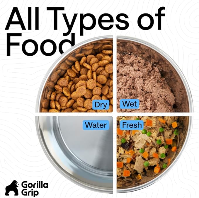GORILLA GRIP Dog Bowls, Heavy Duty 304 Stainless Steel, Holds 4 Cups Each (32 fl oz) Food and Water Bowl for Feeding Dogs and Cats, Dishwasher Safe, Rust Resistant, BPA Free Rubber Base Set of 2 Black