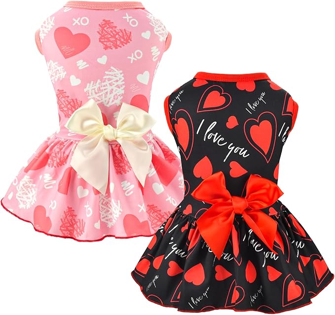 Vehomy 2-Pack Valentine's Day Dog Cat Dress Love Heart Dog Dresses Puppy Valentines Day Skirt Dog Pet Valentines Day Costume Outfit Apparel Clothes for Small Medium Dogs Cats M