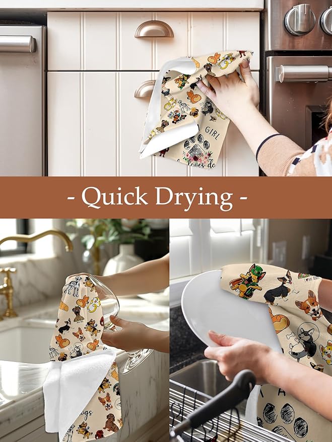 Kitchen Towels Dish Cloths Tea Hand Drying Cleaning Cup Towel for Dog Lover Absorbent Soft Quick Dry Decorative Cute Pattern Design Modern Decor Dishcloth Hostess Housewarming Choice Ideas