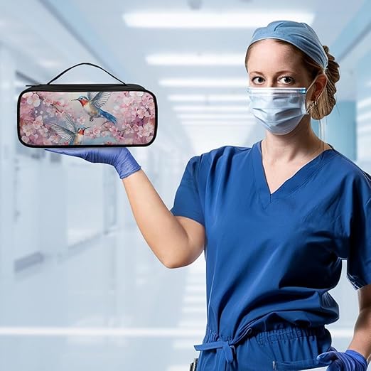 Gomyblomy Stethoscope Carrying Case Fit for Most Stethoscopes, Hummingbird Cherry Blossom Print Stethoscope Holder Large Stethoscope Bag with Extra Room for Nurse Accessories