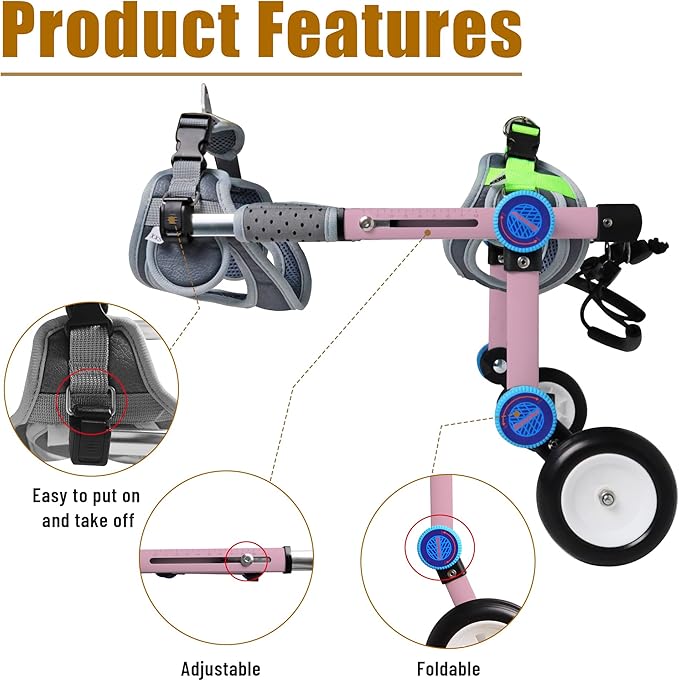 Adjustable Dog Wheelchair for Back Legs Mobility Support Lightweight Pet Wheelchair for Disabled Hind Legs Walking Stable Dog Cart for Pets, Pink (Small)