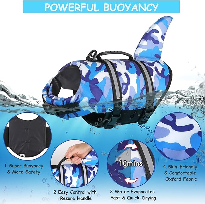 Fragralley Shark Camo Dog Life Jacket Swimming Vest with Reflective Material, Superior Buoyancy & Rescue Handle for Small to Large Dogs, Swim, Pool, Beach, Boating
