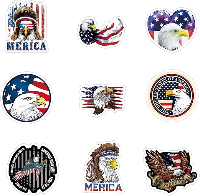 25pcs Cool Bald Eagle Animal Deacls Stickers Pack | American Flag Stickers for Water Bottle Skateboard Guitar Computer Laptop Phone Case Car Helmet