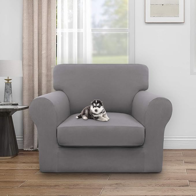 Easy-Going 100% Dual Waterproof 2 Pieces Chair Cover Stretch Soft Couch Cover for Dogs, Sofa Slipcover for 1 Separate Cushion Couch Leakproof Furniture Protector for Kids, Pets Light Gray