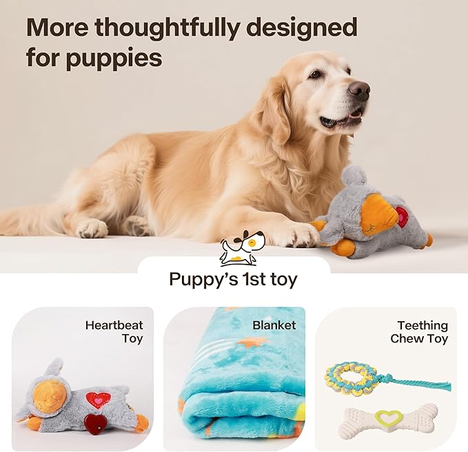 Puppy Essentials Starter Kit - New Born Dog Toys Gifts Heartbeat Puppy for Dogs, Teething Toys, Heat Packs & Cozy Blanket for Crate Training & Anxiety Relief
